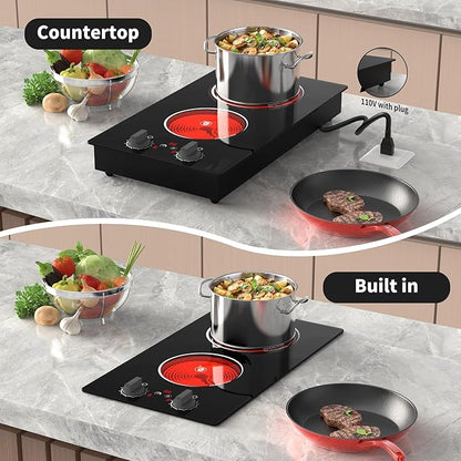 GIHETKUT Electric Cooktop,110V 2100W Stove top,Countertop and Built-in 2 burner cooktop,9-speed power, child safety lock, timer, knob and touch control 2 burner Electric cooktop