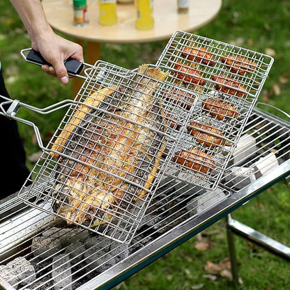 Stainless Steel BBQ Grill Basket With Silicone Brush And Stainless Steel Tong Barbecue Fish Grill Basket for Outdoor Grill Foldable Vegetable Grilling Rack