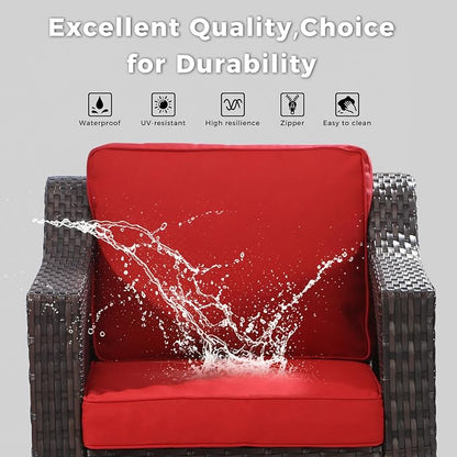 3 Pieces Patio Conversation Furniture Set - 2 Swivel Chairs, 1 Side Table, Outdoor Wicker Rocking Glider Armchairs with Washable and Water-Resistant Cushions for Porch, Balcony (Red)