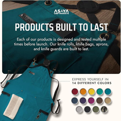 Asaya Chef and BBQ Apron with Bottle Opener and Hand Towel - 10oz Cotton Canvas, Stainless Steel Hardware - Cross Back Straps