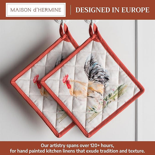 Maison d' Hermine Pot Holders 100% Cotton Heat Resistant Potholders 8" x 8" Hot Pads with Loop BBQ Cooking Baking Hotel Farmhouse Kitchen Handling Hot Pans Spring Summer (Pack of 2, Campagne)