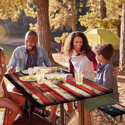 American Flag Picnic Table Fitted Tablecloth Cover, Symbolism over Old Rusty Tones Weathered Vintage Social Plank Artwork Table Cloth, 28x72 In, 3 Piece Set, for Outdoor, Camping, Picnics Parties Use