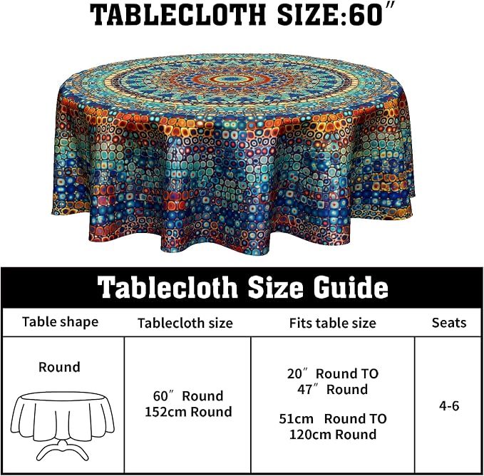 Sweetshow Boho Mandala Tablecloth Round 60 Inch,Rustic Colorful Bohemian Polyester Circle Table Cloth,Wrinkle Stain Resistant Washable Table Cover for Kitchen Dining Room Holiday Party Picnic Patio
