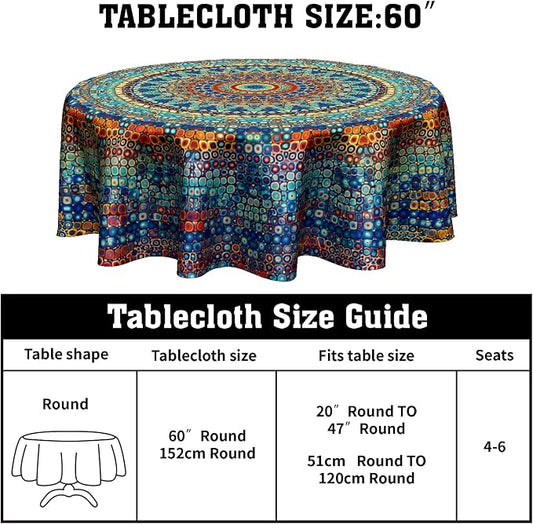 Sweetshow Boho Mandala Tablecloth Round 60 Inch,Rustic Colorful Bohemian Polyester Circle Table Cloth,Wrinkle Stain Resistant Washable Table Cover for Kitchen Dining Room Holiday Party Picnic Patio