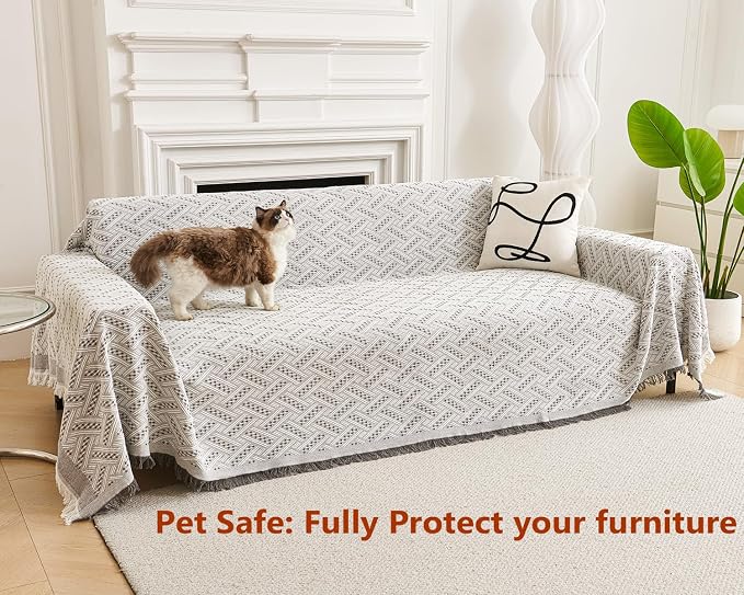 AIVIA Couch Cover Sheet Blanket, Oversized Reversible Covers for 3 Cushion Sofa, Large Furniture Decoration Slipcovers, L-Shape U-Shaped Sectional Protector for Cats Dogs Pets (Gray White 71”x118”)