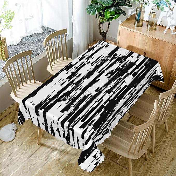 Black and White Striped Fabric Waterproof Tablecloth Vintage Texture Grain Table Cloth Dust-Proof Table Cover Protector for Restaurant Picnic Camping BBQ Decorative for Home Decor 60x84 Inch