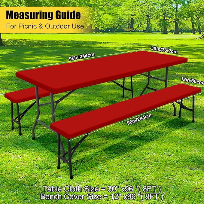 Smiry Picnic Table Cover with Bench Covers, Waterproof Elastic Fitted Polyester Tablecloths for 8 Ft Rectangle Tables, Washable Windproof Tablecloth for Outdoor, RV & Camping (Red, 30x96 Inches)