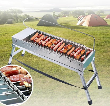 Foldable USB Electric Charcoal Grill, Double-Side Automatic Rotating Barbecue Grill Foldable with 17 Roast Rods, Portable Stainless Steel Rotary Barbecue Machine for Ourdoor