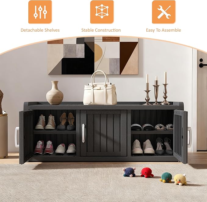NUNU LAB Resin Shoe Cabinet,Waterproof Shoe Storage Cabinet with Adjustable Shelves,Entryway Storage Bench with Seat,Shoe Bench with Doors for Foyer,Hallway,Living Room (Black, 3-Door)
