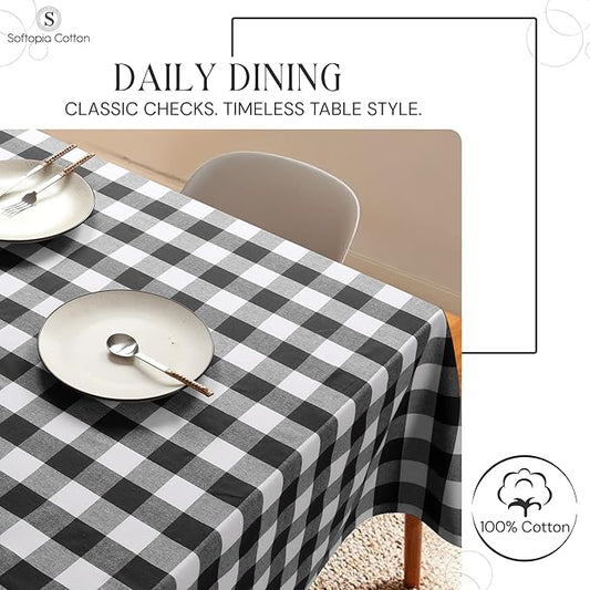 Buffalo Plaid Check 60"x84" Tablecloth 100% Cotton Washable Rustic Rectangle Table Cover Decorative for Gifts, Dining, BBQ, Buffet Parties & Camping - Black