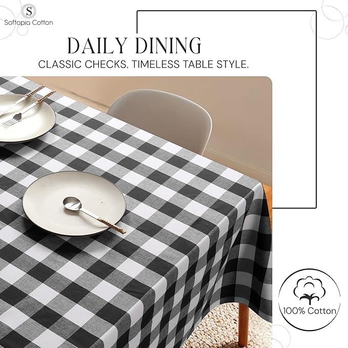 Black and White Buffalo Check Tablecloth, 60x102 Inches, Plaid Dining Table Cover, 100% Cotton, Washable, Reusable Farmhouse Table Linen for Holidays, Party, Wedding and Everyday Use