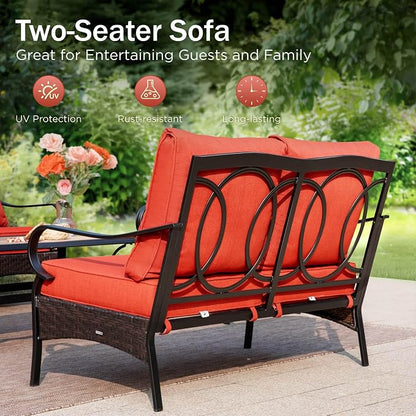 PHI VILLA Wicker & Metal Outdoor 2-Seat Patio Couch,Patio Sofa Loveseat with Deep Seating for Front Porch, Deck, Balcony, Backyard, Sunroom,Red