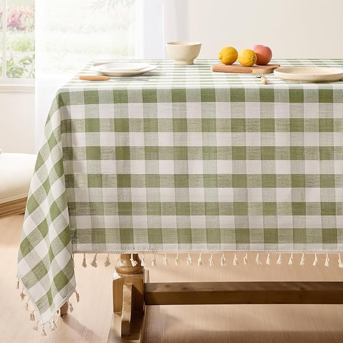 Softalker Outdoor Checkered Tablecloth Square, Spring Summer Linen Cotton Gingham Table Cloth with Tassel, Heavy Duty Wrinkle Free Buffalo Plaid Table Cover for Picnic Camping - 55 x 55 Inch, Sage