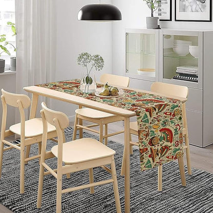 Traditional Mexican Style Table Runner, Exotic Skull Cactus Tribe Dance Music Theme Pattern for Kitchen CoffeeTea Table Dinner Room 13x120 Inch