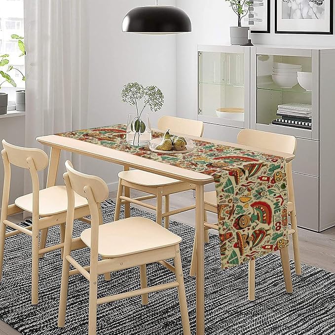 Traditional Mexican Style Table Runner, Exotic Skull Cactus Tribe Dance Music Theme Pattern for Kitchen CoffeeTea Table Dinner Room 13x60 Inch