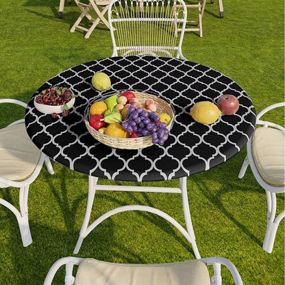 Romanstile Round Fitted Vinyl Tablecloth with Elastic Edge 100% Waterproof | Table Covers for 45"- 56" Tables, Wipeable Flannel Backed Plastic Table Cloths for Dinner Picnic Camping, BlackMoroccan