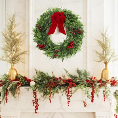 GarveeHome Christmas Wreaths for Front Door, 24 in Large Outdoor Christmas Wreath with Berries Velvet Bow, Winter Artificial Cypress Wreath Xmas Wreath for Indoor Window Wall Fireplace Holiday Decor
