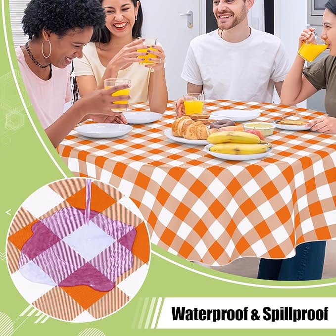Smiry Picnic Table Cloth, Vinyl Tablecloths with Flannel Backing, 60" Round | Waterproof Picnic Table Cloth, Wipeable Buffalo Plaid Table Cover for Indoor and Outdoor (Orange & White)