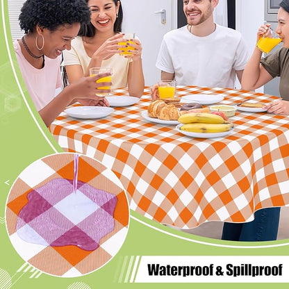 Smiry Picnic Table Cloth, Vinyl Tablecloths with Flannel Backing, 60" Round | Waterproof Picnic Table Cloth, Wipeable Buffalo Plaid Table Cover for Indoor and Outdoor (Orange & White)