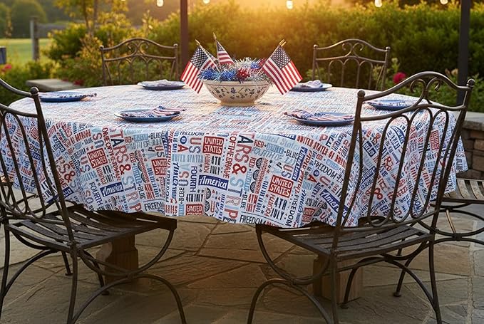 Newbridge Celebrate America Patriotic Blue Stars and Stripes 60 x 84 Inch Oval Vinyl Flannel Back Tablecloth, Waterproof Indoor Outdoor BBQ Party Table Cover