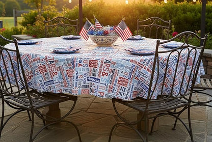 Newbridge Celebrate America Patriotic Blue Stars and Stripes 60 x 84 Inch Oval Vinyl Flannel Back Tablecloth, Waterproof Indoor Outdoor BBQ Party Table Cover