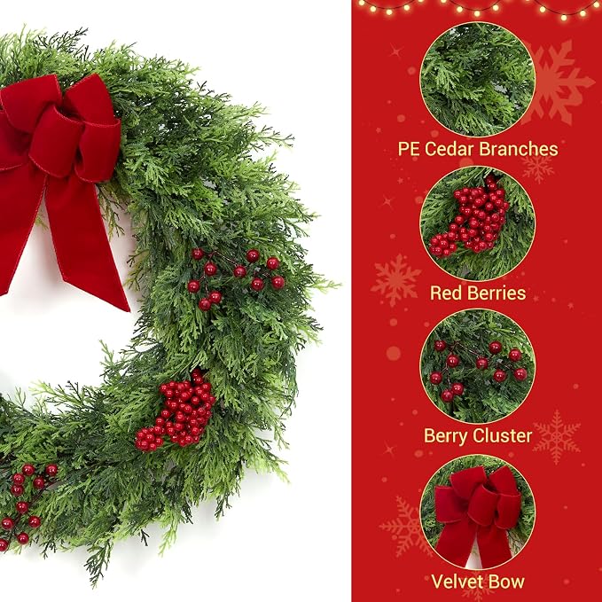 GarveeHome Christmas Wreaths for Front Door, 24 in Large Outdoor Christmas Wreath with Berries Velvet Bow, Winter Artificial Cypress Wreath Xmas Wreath for Indoor Window Wall Fireplace Holiday Decor