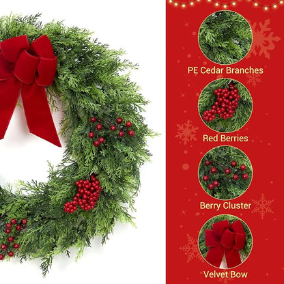 GarveeHome Christmas Wreaths for Front Door, 24 in Large Outdoor Christmas Wreath with Berries Velvet Bow, Winter Artificial Cypress Wreath Xmas Wreath for Indoor Window Wall Fireplace Holiday Decor