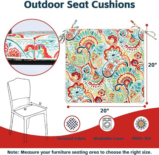 COZYVIDA Outdoor Chair Cushions Set of 4, 20"x20" Square Seat Pads with Tie Straps and YKK Zippers, 30D High-Density Foam, Water-Resistant Fabric,UV-Resistant 1000+ Hrs