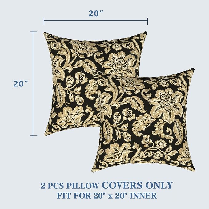 LVTXIII Outdoor Pillow Covers 20x20 Inch, 2 Pack Large Square Throw Pillow Cases, Fade-Resistant Cushion Covers for Patio Furniture Sofa, Garden Porch, Jacobean Black