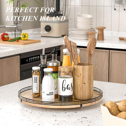 AMH 18-Inch Extra Large Farmhouse Oak Lazy Susan Organizer | Smooth rotating oak tray with walnut finish for dining tables, kitchen counters, pantries and cabinet storage.