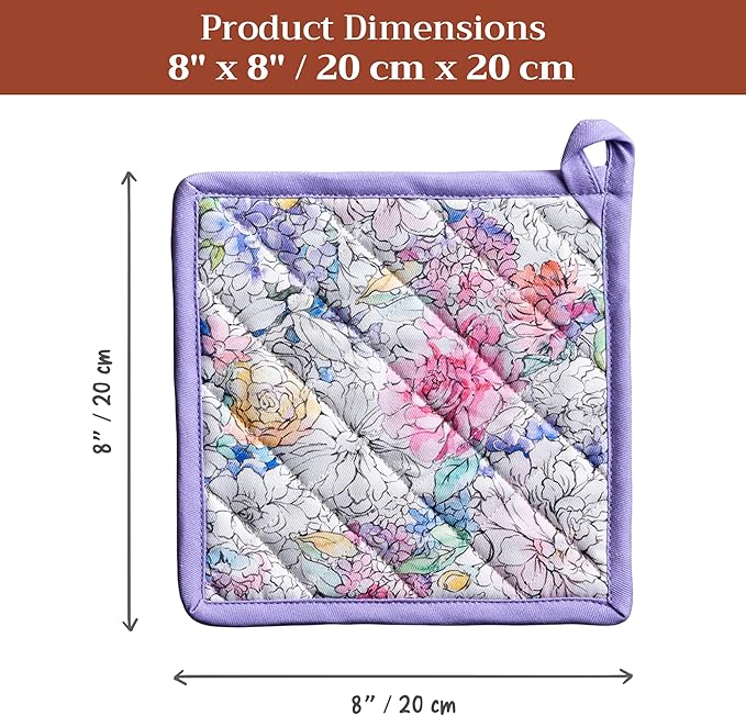 Maison d' Hermine Pot Holders 100% Cotton Heat Resistant Potholders 8" x 8" Hot Pads with Loop BBQ Cooking Baking Hotel Farmhouse Kitchen Handling Hot Pans Spring Summer (Pack of 1, Floral Love)