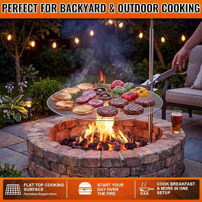 24" Fire Pit Campfire Grill Grate, Foldable Open Fire Cooking Grill Grate Portable Stainless Steel Camping Cooking Barbecue Rack Heavy-duty, Easy Setup & Adjustable Height for Outdoor