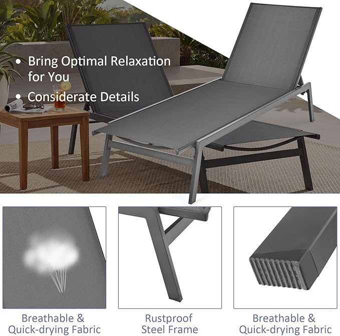 Tangkula Outdoor Chaise Lounge Chair, 6-Position Adjustable Reclining Chair with Breathable Fabric and Heavy Duty Steel Frame, Patio Lounge Chair for Garden, Backyard and Poolside (1, Gray)