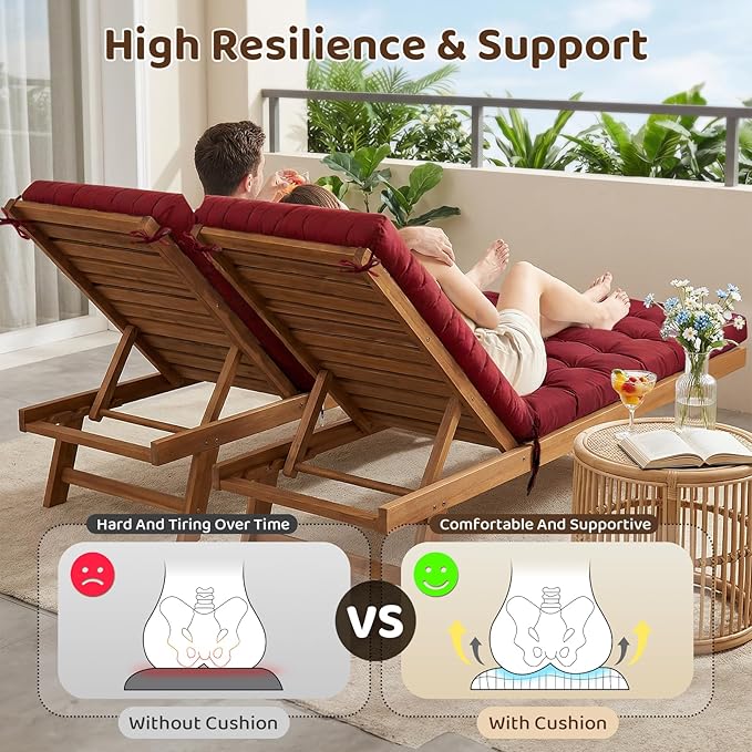Outdoor Chaise Lounge Chair Cushion - Waterproof 74.8 x 21.7 x 4.7 Inches Memory Foam Pool Lounge Chair Cushions Replacement for Outdoor Furniture with Ties: Thickened Pool Chair Cushions, Red