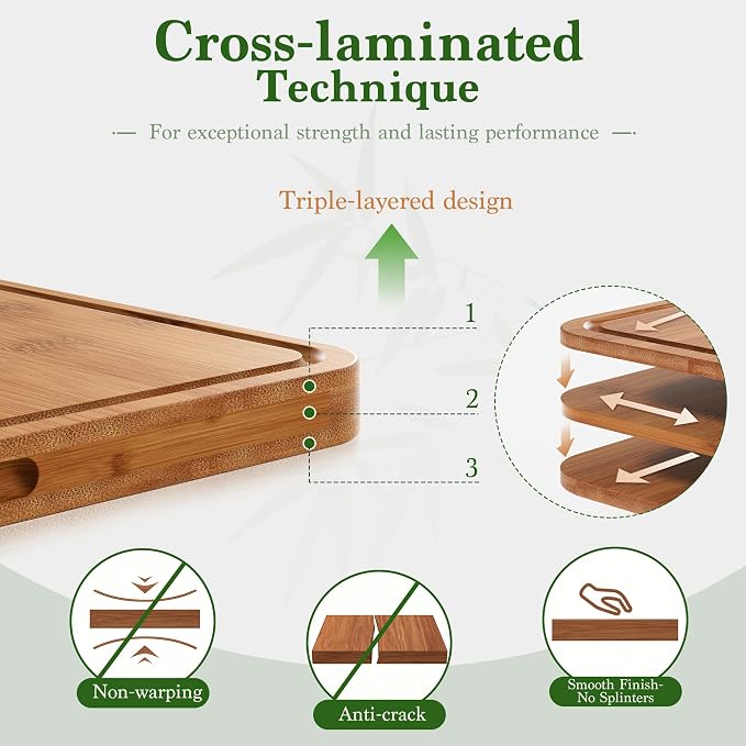 Deep-Carbonized,Royal Craft Wood Bamboo Cutting Board Set, 3-Piece | Durable Bamboo w/ Deep Juice Grooves | Non-Slip & Knife-Friendly | Versatile for Meat, Bread, Veggies | Easy to Hang Store