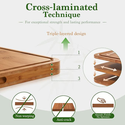 Deep-Carbonized,Royal Craft Wood Bamboo Cutting Board Set, 3-Piece | Durable Bamboo w/ Deep Juice Grooves | Non-Slip & Knife-Friendly | Versatile for Meat, Bread, Veggies | Easy to Hang Store