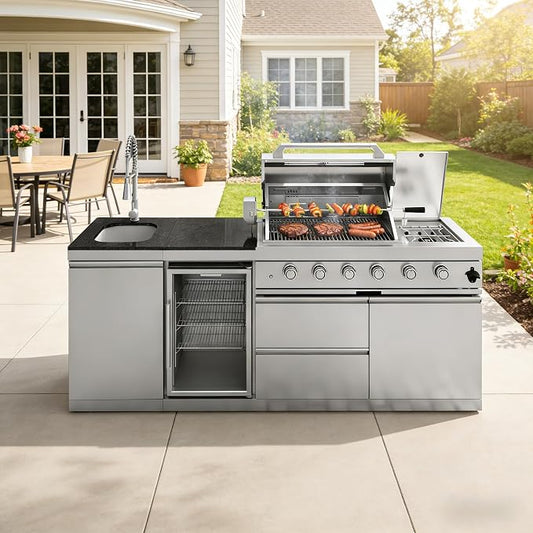 85" 4-Burner 72000 BTU Deluxe Outdoor Kitchen Island,304 Stainless Steel Modular LPG BBQ Grill Combination With Granite Countertops, Storage Cabinet, Refrigerator and Sink (85"-Siver, Propane Gas)