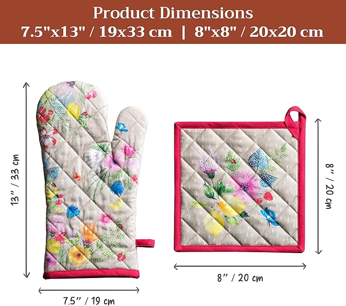 Maison d' Hermine 100% Cotton Oven Mitt & Pot Holder Set (7.5"x13" & 8"x8") Heat Resistant BBQ Cooking Gloves with Loop Baking Grilling Kitchen Hotel Home Farmhouse Spring Summer (Jardin D'Ete - Fog)
