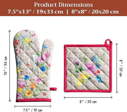 Maison d' Hermine 100% Cotton Oven Mitt & Pot Holder Set (7.5"x13" & 8"x8") Heat Resistant BBQ Cooking Gloves with Loop Baking Grilling Kitchen Hotel Home Farmhouse Spring Summer (Jardin D'Ete - Fog)
