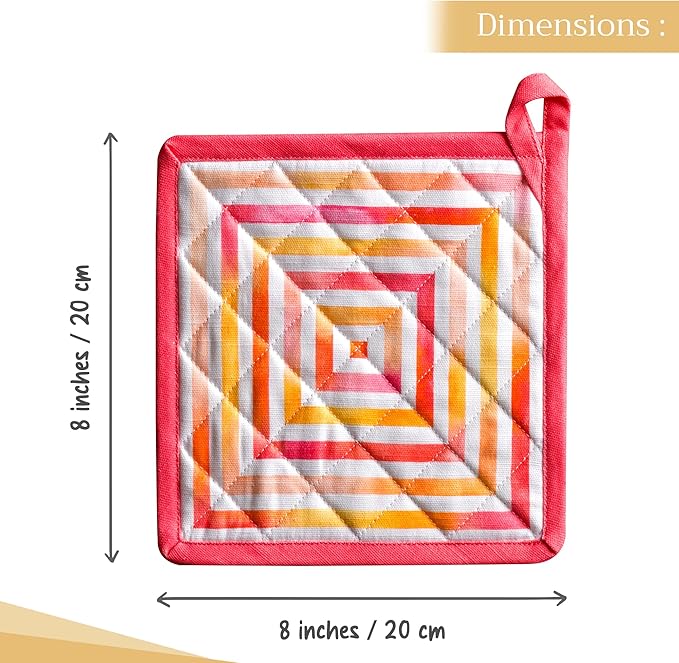 Maison d' Hermine Pot Holders 100% Cotton Heat Resistant Potholders 8" x 8" Hot Pads with Loop BBQ Cooking Baking Hotel Farmhouse Kitchen Handling Hot Pans Spring Summer (Pack of 2, Summer Maze)