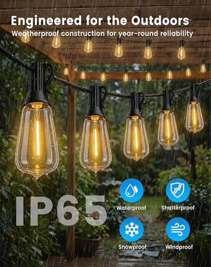 60FT(50+10) String Lights Outdoor, 2FT Bulb Spacing, Waterproof Shatterproof Warm White ST38 LED Edison Bulbs, Extension Cord, Plug in Connectable Hanging Patio Lights for Outside, Backyard