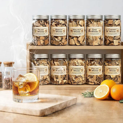 10 Pack Natural Wood Chips for Smoker Grill and Smoking Gun, Apple, Cherry, Oak, Pear, Peach, Pecan, Beech, Mesquite, Walnut & Cypress About 90g Each, Smoker Woodchips for BBQ Smoking Beef Pork Whisk