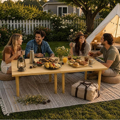 60" x 30" Low Picnic Table with Boho Table Runner Wooden Table with 8 Sturdy Legs Folding Picnic Table for 6 People Backyard Picnic Beach Garden Party Camping