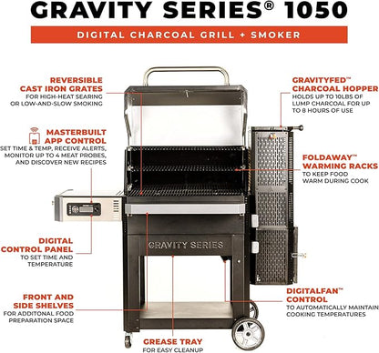 Masterbuilt® Gravity Series® 1050 Smoker Grill - Digital Charcoal Combo Grill with Free App, 1,050 Cooking Square Inches in Black, Model MB20041220
