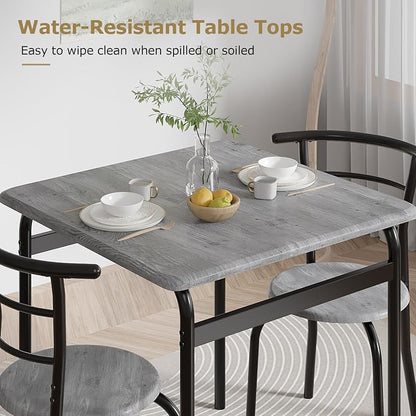 VECELO 3-Piece Dining Table Set for Kitchen Breakfast Nook, Wood Grain Square Tabletop and Metal Frame, for Small Spaces, Grey