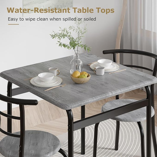 VECELO 3-Piece Dining Table Set for Kitchen Breakfast Nook, Wood Grain Square Tabletop and Metal Frame, for Small Spaces, Grey