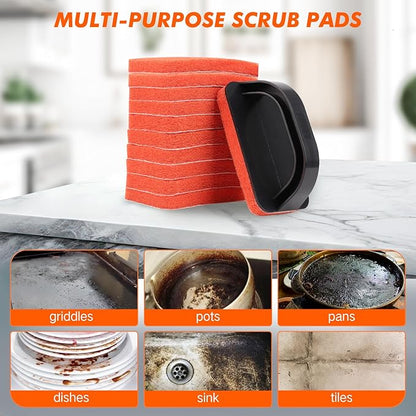 Tilldawn Griddle Cleaning Kit for Blackstone 13 Piece- 2 Stainless Steel Cleaning Scrapers, 10 Scouring Pads and 1 Handle, Cleaning Accessories for Blackstone Grill, Flat Top Grill Cleaning Tools Kit