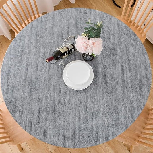 LIBERECOO Round Vinyl Fitted Tablecloth with Flannel Backing Elastic Edge Table Cover Waterproof Stain-Resistant Wipeable Tablecloths Fits 40-44" Round Tables