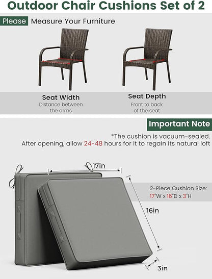 Outdoor Chair Cushion 17 x 16 x 3 Inches Patio Furniture Outdoor Waterproof Seat Cushion, Patio Chair Cushion with Handles and Ties, Square Dining Chair Cushion Set of 2, Light Grey