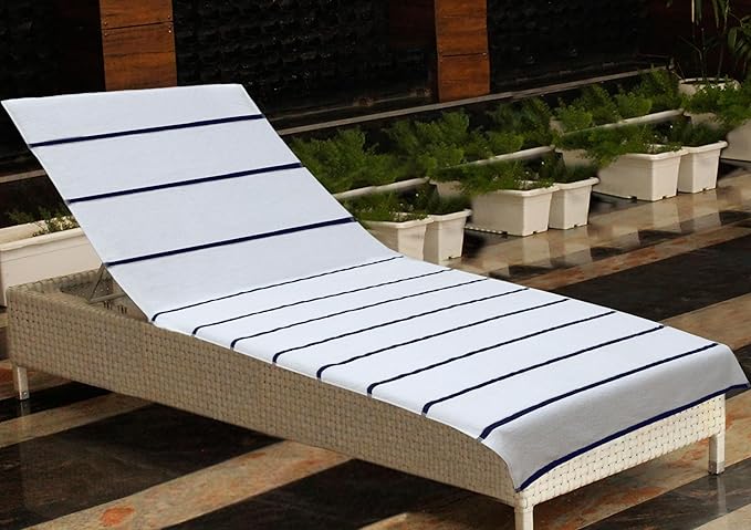 COTTON CRAFT Pool Lounge Chair Cover - 2 Pack Terry Towel Chaise Lounge Cover - Soft Cotton Absorbent Striped Towel Beach Chair Cover - Oversized 32 in W x 82 in Length x 7 in Pocket – White Blue
